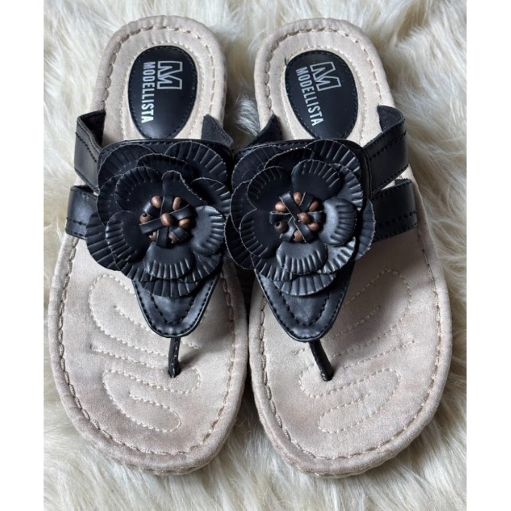 Modellista‎ Leather Thong Sandals Womens 10 Black Flower Comfort Casual Chic